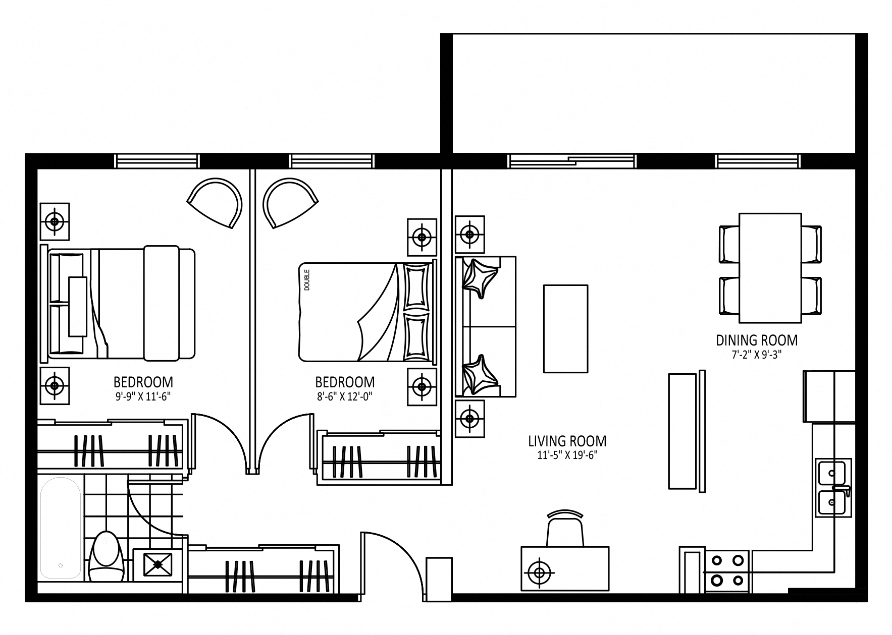 Floor plan for 2 beds, 1 bath, 805 sqft